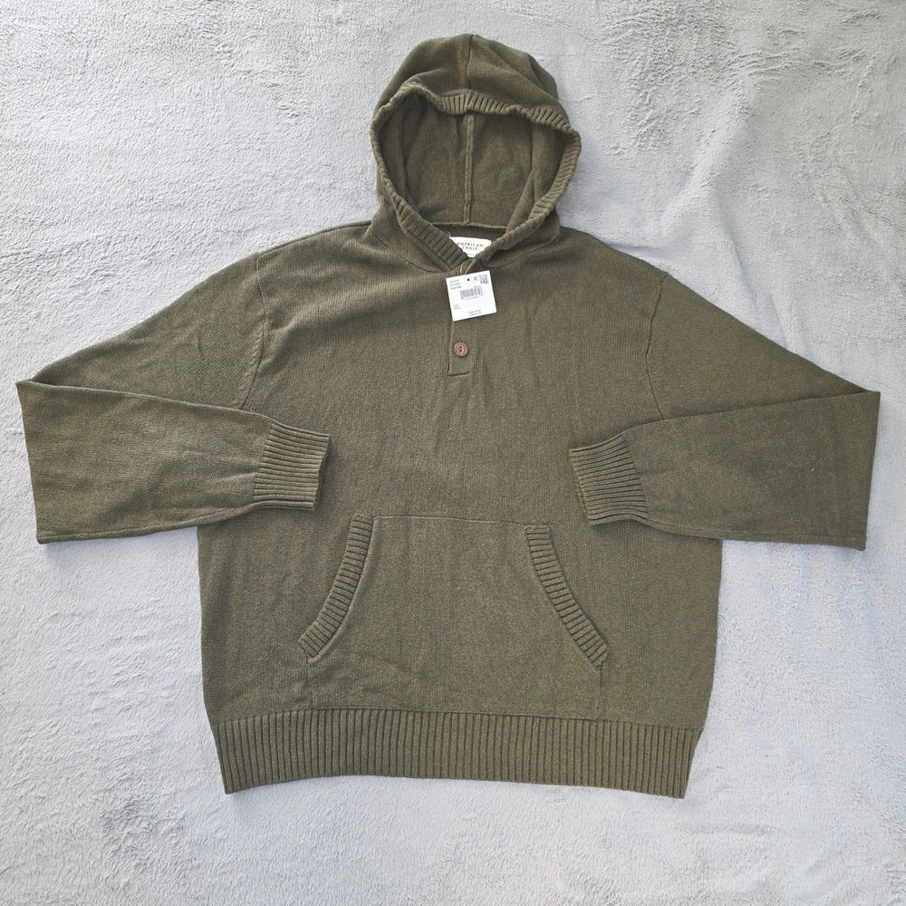 American Eagle Mens Olive Green Knit Henley Sweater Hoodie Large